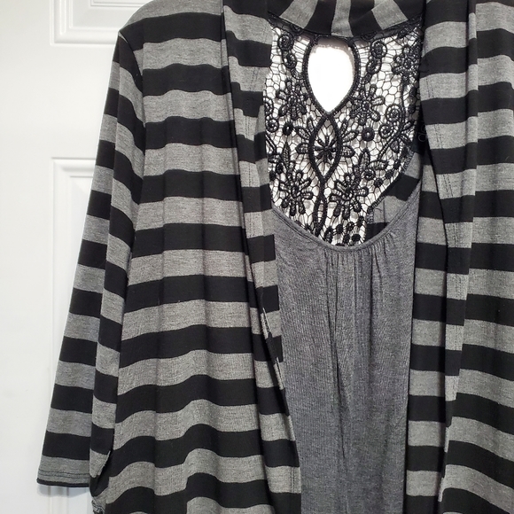 Deb Black & Gray Striped Cardigan with Lace Trim size 2XL - Picture 9 of 11